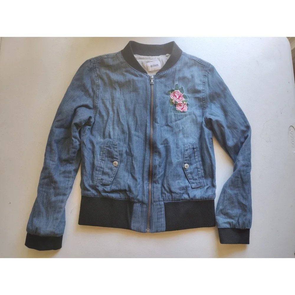 Hudson‎ Kids Girls Blue Denim Bomber Jacket Floral Rose Embroidery Size L Zip Up